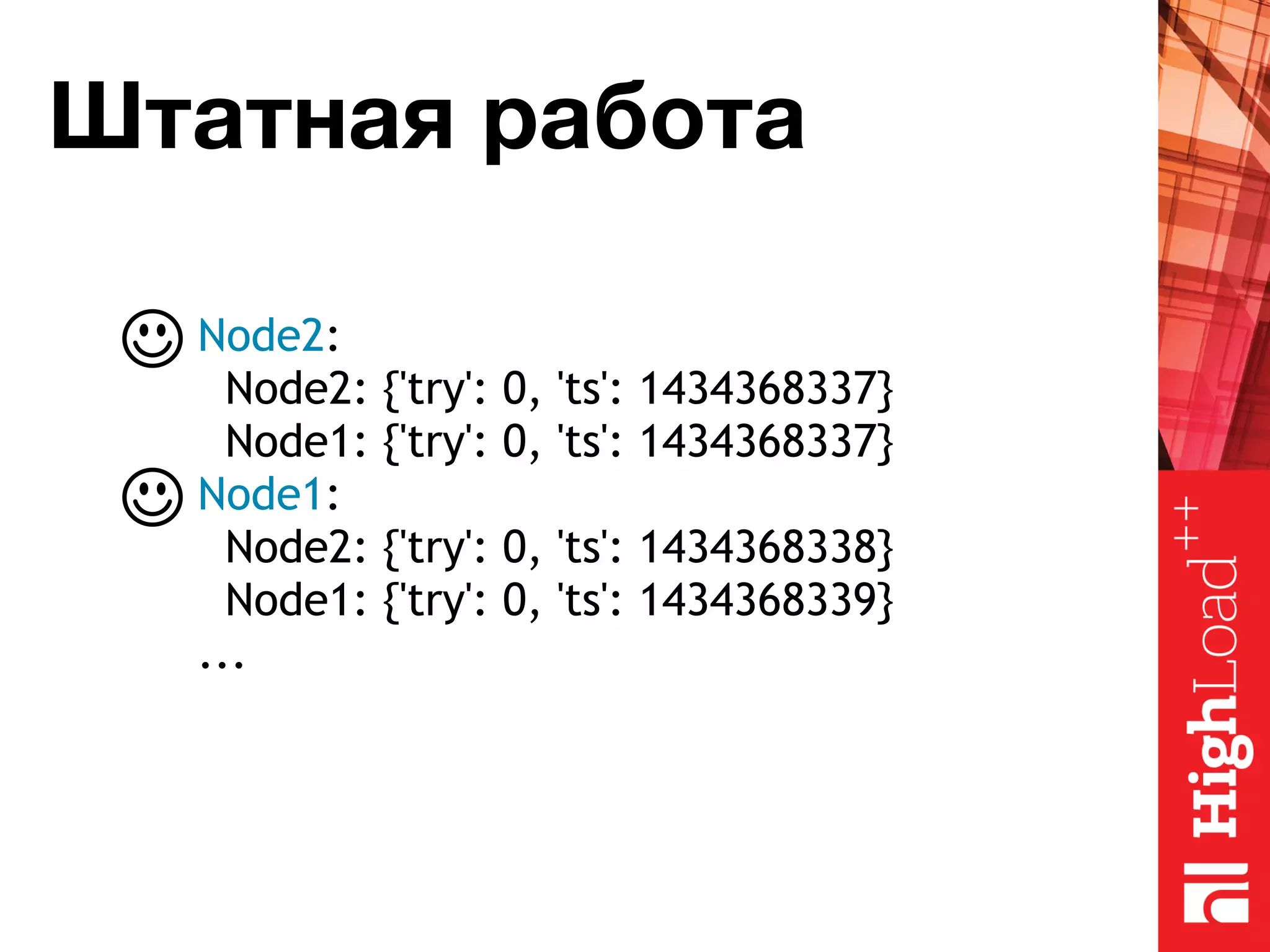 Штатная работа Node2: Node2: {'try': 0, 'ts': 1434368337} Node1: {'try': 0, 'ts': 1434368337} Node1: Node2: {'try': 0, 'ts': 1434368338} Node1: {'try': 0, 'ts': 1434368339} ... 