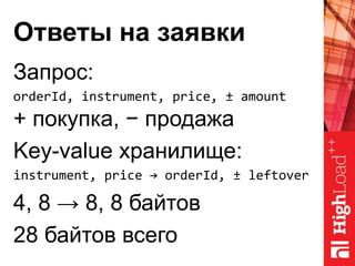 Ответы на заявки
Запрос:
orderId, instrument, price, ± amount
+ покупка, − продажа
Key-value хранилище:
instrument, price → orderId, ± leftover
4, 8 → 8, 8 байтов
28 байтов всего
 