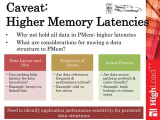 Caveat:
Higher Memory Latencies
• Why not hold all data in PMem: higher latencies
• What are considerations for moving a data
structure to PMem?
Data Layout and
Size
• Can caching hide
latency for data
layout/size?
• Example: Arrays vs.
linked lists
Frequency of
Access
• Are data references
frequent &
performance-critical?
• Example: cold vs.
hot stores
Access Pattern
• Are data access
patterns prefetch &
cache friendly?
• Example: hash
lookups vs column
scans
Need to identify application performance sensitivity for persisted
data structures
 