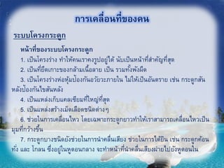 การเคลื่อนที่ของคน
หน้าที่ของระบบโครงกระดูก
1. เป็นโครงร่าง ทาให้คนเราคงรูปอยู่ได้ นับเป็นหน้าที่สาคัญที่สุด
2. เป็นที่ยึดเกาะของกล้ามเนื้อลาย เป็น รวมทั้งพังผืด
3. เป็นโครงร่างห่อหุ้มป้องกันอวัยวะภายใน ไม่ให้เป็นอันตราย เช่น กระดูกสัน
หลังป้องกันไขสันหลัง
4. เป็นแหล่งเก็บแคลเซียมที่ใหญ่ที่สุด
5. เป็นแหล่งสร้างเม็ดเลือดชนิดต่างๆ
6. ช่วยในการเคลื่อนไหว โดยเฉพาะกระดูกยาวทาให้เราสามารถเคลื่อนไหวเป็น
มุมที่กว้างขึ้น
7. กระดูกบางชนิดยังช่วยในการนาคลื่นเสียง ช่วยในการได้ยิน เช่น กระดูกค้อน
ทั่ง และ โกลน ซึ่งอยู่ในหูตอนกลาง จะทาหน้าที่นาคลื่นเสียงผ่ายไปยังหูตอนใน
ระบบโครงกระดูก
26
 