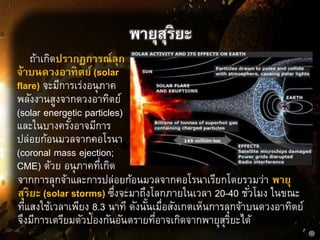 พายุสุริยะ
ถ้าเกิดปรากฏการณ์ลุก
จ้าบนดวงอาทิตย์ (solar
flare) จะมีการเร่งอนุภาค
พลังงานสูงจากดวงอาทิตย์
(solar energetic particles)
และในบางครั้งอาจมีการ
ปล่อยก้อนมวลจากคอโรนา
(coronal mass ejection;
CME) ด้วย อนุภาคที่เกิด
จากการลุกจ้าและการปล่อยก้อนมวลจากคอโรนาเรียกโดยรวมว่า พายุ
สุริยะ (solar storms) ซึ่งจะมาถึงโลกภายในเวลา 20-40 ชั่วโมง ในขณะ
ที่แสงใช้เวลาเพียง 8.3 นาที ดังนั้นเมื่อสังเกตเห็นการลุกจ้าบนดวงอาทิตย์
จึงมีการเตรียมตัวป้องกันอันตรายที่อาจเกิดจากพายุสุริยะได้
 