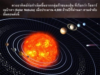 ดวงอาทิตย์ก่อกาเนิดขึ้นจากกลุ่มก๊าซและฝุ่น ที่เรียกว่า โซลาร์
เนบิวลา (Solar Nebula) เมื่อประมาณ 4,600 ล้านปีที่ผ่านมา ตามลาดับ
ขั้นตอนดังนี้
 