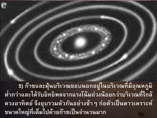 5) ก๊าซและฝุ่นบริเวณขอบนอกอยู่ในบริเวณที่มีอุณหภูมิ
ต่ากว่าและได้รับอิทธิพลจากแรงโน้มถ่วงน้อยกว่าบริเวณที่ใกล้
ดวงอาทิตย์ จึงยุบรวมตัวกันอย่างช้าๆ ก่อตัวเป็นดาวเคราะห์
ขนาดใหญ่ที่เต็มไปด้วยก๊าซเป็นจานวนมาก
 