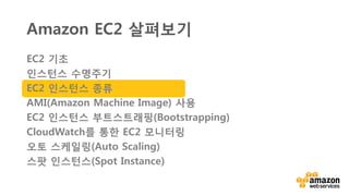 v
인스턴스 종류
HS1
M1
C1
CC2
HI1CG1
M2
CR1
38개의 “현재 세대” 인스턴스 종류
15개의 “이전 세대” 인스턴스 종류
M4 C3
I2
G2
R3
C4 D2
 