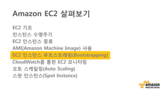 v
부트스트래핑: 메타데이터 및 사용자데이터
• 모든 EC2 인스턴스는 로컬 인스턴스의 메타데이터 및 사용자
데이터 서비스에 접근권한을 가짐
인스턴스
요청
User
data
Instance
Meta-data
service
 