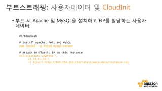 v
부트스트래핑: 예제
• 최신 소프트웨어 설치
• S3로부터 데이터 복사
• DNS 등록
• 서비스 기동
• 패키지 업데이트
• 재기동
• 80 포트 오픈
• 로드밸런서에 등록
• 장치 마운트
 