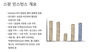 $0.27 $0.29$0.50
1b 1c1a
8XL
$0.30 $0.16$0.214XL
$0.07 $0.08$0.082XL
$0.05 $0.04$0.04XL
$0.01 $0.04$0.01L
C3
$1.76
On
Demand
$0.88
$0.44
$.22
$0.11
• 각 인스턴스 패밀리
• 각 인스턴스 크기
• 각 가용영역
• 모든 지역
..에서 별도의 독립된 스팟 시장
스팟 시장
 