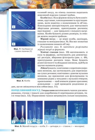 Мал. 7. Пробірки (а)
і скляні палички(б)
Мал. 8. Колби
склянии посуд, на кінець палички надягають
невеликий відрізок гумової трубки.
Колби (мал. 8) за формою можуть бути коніч­
ними, круглими, плоскодонними та круглодон-
ними, мати відмітку з позначенням їх об’єму.
Плоскодонні використовують для тимчасового
зберігання речовин, приготування розчинів;
круглодонні — для тривалого і сильного нагрі­
вання. Колби бувають різних розмірів, їх отво­
ри можна закрити пробкою.
Мірний посуд — це мірні колби, циліндри,
стакани та мензурки (мал. 9). Він має позначки
із зазначенням певного об’єму.
Розгляньте мал. 9, навчіться розрізняти
мірний посуд за формами.
Хімічні стакани (мал. 10) виготовляють зі
скла та фарфору, застосовують для демонстра­
ції дослідів, збирання фільтратів (див. с. 48),
приготування розчинів тощо. Вони бувають
різної місткості та обладнані носиком, щоб було
зручно наливати рідину.
Лійки бувають: конічними з коротким широ­
ким носиком, що застосовують для пересипан­
ня сухих речовин; конічними з довгим вузьким
носиком, що призначені для фільтрування та
вливання рідин у посудини з вузьким отвором;
крапельними — щоб вливати рідини краплями;
ділильними — щоб проводити розділення рі­
дин, що не змішуються між собою (мал. 11).
ПОРЦЕЛЯНОВИЙ ПОСУД. З порцеляни виготовляють чашки для випа­
рювання, ступки і товкачі для подрібнення й перетирання речовин, ти­
глі тощо (мал. 12). Порцелянові чашки витримують сильне нагрівання,
Мал. 9. Мірний посуд (а — колби, б — циліндри, в — стакани, г — мензурки)
16
 