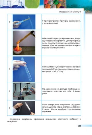 Продовження таблиці 1
Аби запобігти розтріскуванню скла, спер­
шу обережно нагрівають усю пробірку, а
потім лише ту її частину, де містяться ре­
човини. Для нагрівання використовують
верхню частину полум’я.
Під час виконання дослідів пробірку роз­
ташовують отвором від себе й інших
учнів.
У пробіркотримачі пробірку закріплюють
у верхній частині.
При наливанні у пробірку кількох речовин
загальний об’єм рідини не повинен пере­
вищувати 1/З її об’єму.
Після завершення нагрівання слід доче­
катися, доки пробірка охолоне, а тоді вже
її мити. Миють пробірки спеціальними
йоржами.
Основним нагрівним приладом шкільного хімічного кабінету є
спиртівка.
21
 
