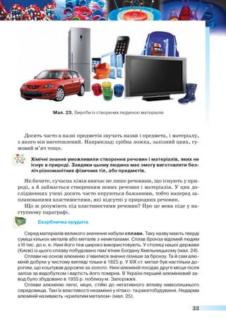 Мал. 23. Вироби із створених людиною матеріалів
Досить часто в назві предметів звучать назви і предмета, і матеріалу,
з якого він виготовлений. Наприклад: срібна ложка, залізний цвях, гу­
мовий м’яч тощо.
Хімічні знання уможливили створення речовин і матеріалів, яких не
існує в природі. Завдяки цьому людина має змогу виготовляти без­
ліч різноманітних фізичних тіл, або предметів.
Як бачите, сучасна хімія вивчає не лише речовини, що існують у при­
роді, а й займається створенням нових речовин і матеріалів. У цих до­
слідженнях учені досить часто керуються бажаними, тобто наперед за­
планованими властивостями, які відсутні у природних речовин.
Що ж розуміють під властивостями речовин? Про це мова піде у на­
ступному параграфі.
Скарбничка ерудита
Серед матеріалів великого значення набули сплави. Таку назву мають тверді
суміші кількох металів або металів з неметалами. Сплав бронза відомий людям
з III тис. до н. е. Нині його теж широко використовують. У столиці нашої держави
(Києві) із цього сплаву побудовано пам’ятник Богдану Хмельницькому (мал. 24).
Сплави на основі алюмінію з’явилися значно пізніше за бронзу. Та й сам алю­
міній добули у чистому вигляді тільки в 1825 р. У XIX ст. метал був настільки до­
рогим, що коштував дорожче за золото. Нині алюміній посідає друге місце після
заліза за видобутком і вартість його помірна. В Україні перший алюмінієвий за­
вод було збудовано в 1933 р. поблизу м. Запоріжжя.
Сплави алюмінію легкі, міцні, стійкі до негативного впливу навколишнього
середовища. Такі їх властивості незамінні у літако- та ракетобудуванні. Недарма
алюміній називають «крилатим металом» (мал. 25).
33
 