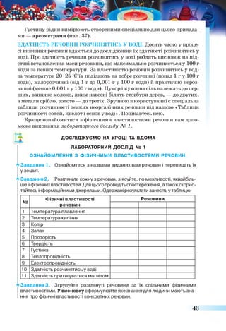 ЗДАТНІСТЬ РЕЧОВИН РОЗЧИНЯТИСЬ У ВОДІ. Досить часто у проце
сі вивчення речовин вдаються до дослідження їх здатності розчинятись у
воді. Про здатність речовин розчинятись у воді роблять висновок на під­
ставі встановлення маси речовини, що максимально розчиняється у 100 г
води за певної температури. За властивістю речовин розчинятись у воді
за температури 20-25 °С їх поділяють на добре розчинні (понад 1 г у 100 г
води), малорозчинні (від 1 г до 0,001 г у 100 г води) й практично нероз­
чинні (менше 0,001 г у 100 г води). Цукор і кухонна сіль належать до пер­
ших, вапняне молоко, яким навесні білять стовбури дерев, — до других,
а метали срібло, золото — до третіх. Зручною в користуванні є спеціальна
таблиця розчинності деяких неорганічних речовин під назвою «Таблиця
розчинності солей, кислот і основ у воді». Поцікавтесь нею.
Краще ознайомитися з фізичними властивостями речовин вам допо­
може виконання лабораторного досліду № 1.
ДОСЛІДЖУЄМО НА УРОЦІ ТА ВДОМА
ЛАБОРАТОРНИЙ ДОСЛІД № 1
ОЗНАЙОМЛЕННЯ З ФІЗИЧНИМИ ВЛАСТИВОСТЯМИ РЕЧОВИН.
А Завдання 1. Ознайомтеся з назвами виданих вам речовин і перепишіть їх
у зошит.
А Завдання 2. Розгляньте кожну з речовин, з’ясуйте, по можливості, якнайбіль­
ше її фізичних властивостей. Для цього проведіть спостереження, а також скорис­
тайтесь інформаційними джерелами. Одержані результати занесіть у таблицю.
№
Фізичні властивості
речовин
Речовини
1 Температура плавлення
2 Температура кипіння
3 Колір
4 Запах
5 Прозорість
6 Твердість
7 Густина
8 Теплопровідність
9 Електропровідність
10 Здатність розчинятись у воді
11 Здатність притягуватися магнітом
Завдання 3. Згрупуйте розглянуті речовини за їх спільними фізичними
властивостями. У висновку сформулюйте яке знання для людини мають зна­
ння про фізичні властивості конкретних речовин.
43
 
