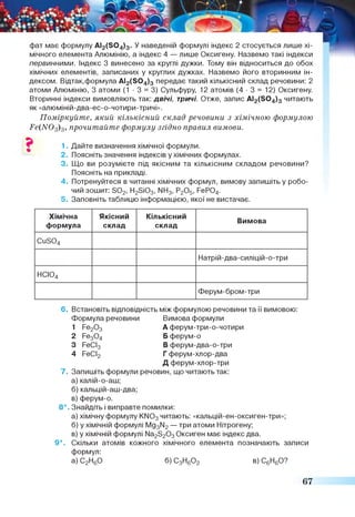 фат має формулу АІ2(8 0 4)3. У наведеній формулі індекс 2 стосується лише хі­
мічного елемента Алюмінію, а індекс 4 — лише Оксигену. Назвемо такі індекси
первинними. Індекс 3 винесено за круглі дужки. Тому він відноситься до обох
хімічних елементів, записаних у круглих дужках. Назвемо його вторинним ін­
дексом. Відтак,формула АІ2(8 0 4)3 передає такий кількісний склад речовини: 2
атоми Алюмінію, 3 атоми (1 -3 = 3) Сульфуру, 12 атомів ( 4 - 3 = 12) Оксигену.
Вторинні індекси вимовляють так: двічі, тричі. Отже, запис АІ2(8 0 4)3 читають
як «алюміній-два-ес-о-чотири-тричі».
Поміркуйте, який кількісний склад речовини з хімічною формулою
-Ре(ІУ03)3, прочитайте формулу згідно правил вимови.
1. Дайте визначення хімічної формули.
2. Поясніть значення індексів у хімічних формулах.
3. Що ви розумієте під якісним та кількісним складом речовини?
Поясніть на прикладі.
4. Потренуйтеся в читанні хімічних формул, вимову запишіть у робо­
чий зошит: 3 0 2, Н25і03, МН3, Р2О5, РеР04.
5. Заповніть таблицю інформацією, якої не вистачає.
Хімічна
формула
Якісний
склад
Кількісний
склад
Вимова
СиЭ04
Натрій-два-силіцій-о-три
НСЮ4
Ферум-бром-три
6 . Встановіть відповідність між формулою речовини та її вимовою:
Формула речовини Вимова формули
1 Ре20 3 А ферум-три-о-чотири
2 Ре30 4 Б ферум-о
3 РеСІ3 В ферум-два-о-три
4 РеСІ2 Г ферум-хлор-два
Д ферум-хлор-три
7. Запишіть формули речовин, що читають так:
а) калій-о-аш;
б) кальцій-аш-два;
в) ферум-о.
8*. Знайдіть і виправте помилки:
а) хімічну формулу КИ03 читають: «кальцій-ен-оксиген-три»;
б) у хімічній формулі Мд3М2— три атоми Нітрогену;
в) у хімічній формулі Ма2520 3Оксиген має індекс два.
9*. Скільки атомів кожного хімічного елемента позначають записи
формул:
а) С2Н60 б) С3Н60 2 в) С6Н60?
67
 