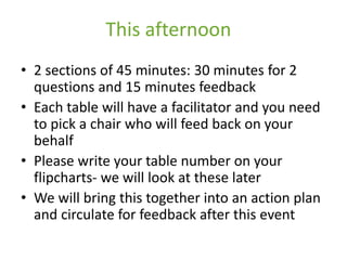 This afternoon
• 2 sections of 45 minutes: 30 minutes for 2
questions and 15 minutes feedback
• Each table will have a facilitator and you need
to pick a chair who will feed back on your
behalf
• Please write your table number on your
flipcharts- we will look at these later
• We will bring this together into an action plan
and circulate for feedback after this event
 