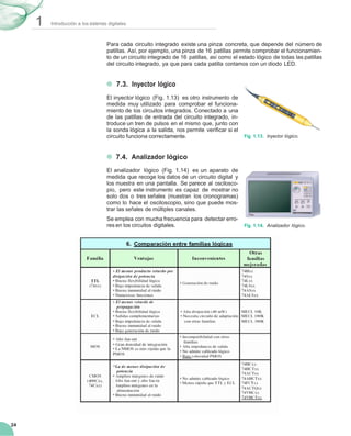 1 Introducción a los sistemas digitales
24
Para cada circuito integrado existe una pinza concreta, que depende del número de
patillas. Así, por ejemplo, una pinza de 16 patillas permite comprobar el funcionamien-
to de un circuito integrado de 16 patillas, así como el estado lógico de todas las patillas
del circuito integrado, ya que para cada patilla contamos con un diodo LED.
7.3. Inyector lógico
El inyector lógico (Fig. 1.13) es otro instrumento de
medida muy utilizado para comprobar el funciona-
miento de los circuitos integrados. Conectado a una
de las patillas de entrada del circuito integrado, in-
troduce un tren de pulsos en el mismo que, junto con
la sonda lógica a la salida, nos permite veriﬁcar si el
circuito funciona correctamente.
7.4. Analizador lógico
El analizador lógico (Fig. 1.14) es un aparato de
medida que recoge los datos de un circuito digital y
los muestra en una pantalla. Se parece al oscilosco-
pio, pero este instrumento es capaz de mostrar no
solo dos o tres señales (muestran los cronogramas)
como lo hace el osciloscopio, sino que puede mos-
trar las señales de múltiples canales.
Se emplea con mucha frecuencia para detectar erro-
res en los circuitos digitales.
Fig. 1.13. Inyector lógico.
Vertical Horizontal Master
Fig. 1.14. Analizador lógico.
 
