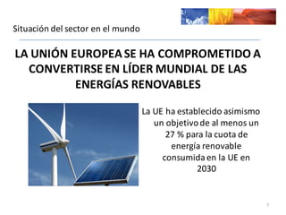 Situación	
  del	
  sector	
  en	
  el	
  mundo
7
LA	
  UNIÓN	
  EUROPEA	
  SE	
  HA	
  COMPROMETIDO	
  A	
  
CONVERTIRSE	
  EN	
  LÍDER	
  MUNDIAL	
  DE	
  LAS	
  
ENERGÍAS	
  RENOVABLES
La	
  UE	
  ha	
  establecido	
  asimismo	
  
un	
  objetivo	
  de	
  al	
  menos	
  un	
  
27	
  %	
  para	
  la	
  cuota	
  de	
  
energía	
  renovable	
  
consumida	
  en	
  la	
  UE	
  en	
  
2030
 