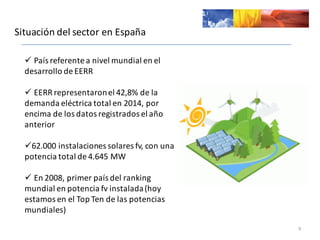 Situación	
  del	
  sector	
  en	
  España
9
ü País	
  referente	
  a	
  nivel	
  mundial	
  en	
  el	
  
desarrollo	
  de	
  EERR
ü EERR	
  representaron	
  el	
  42,8%	
  de	
  la	
  
demanda	
  eléctrica	
  total	
  en	
  2014,	
  por	
  
encima	
  de	
  los	
  datos	
  registrados	
  el	
  año	
  
anterior
ü62.000	
  instalaciones	
  solares	
  fv,	
  con	
  una	
  
potencia	
  total	
  de	
  4.645	
  MW
ü En	
  2008,	
  primer	
  país	
  del	
  ranking	
  
mundial	
  en	
  potencia	
  fv instalada	
  (hoy	
  
estamos	
  en	
  el	
  Top	
  Ten	
  de	
  las	
  potencias	
  
mundiales)
 
