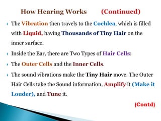  The Vibration then travels to the Cochlea, which is filled
with Liquid, having Thousands of Tiny Hair on the
inner surface.
 Inside the Ear, there are Two Types of Hair Cells:
 The Outer Cells and the Inner Cells.
 The sound vibrations make the Tiny Hair move. The Outer
Hair Cells take the Sound information, Amplify it (Make it
Louder), and Tune it.
 (Contd)
 