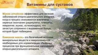 Витамины для суставов
a
:
Мумие алтайское эффективно для лечения
заболеваний опорно-двигательного аппарата,
когда в процесс оказываются вовлечены
нервные окончания (радикулиты, плекситы,
невралгии, ишиас, остеохондроз), что
зачастую сопряжено с выраженной болью,
которая будет побеждена.
Каменное масло - это богатейший источник
минеральных веществ и микроэлементов,
необходимых для нормализации обменных
процессов при функциональных нарушениях
опорно-двигательного аппарата.
 