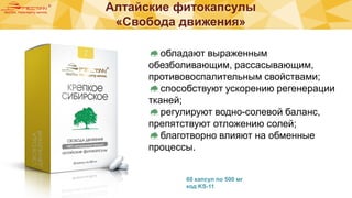 Алтайские фитокапсулы
«Свобода движения»
обладают выраженным
обезболивающим, рассасывающим,
противовоспалительным свойствами;
способствуют ускорению регенерации
тканей;
регулируют водно-солевой баланс,
препятствуют отложению солей;
благотворно влияют на обменные
процессы.
60 капсул по 500 мг
код KS-11
 