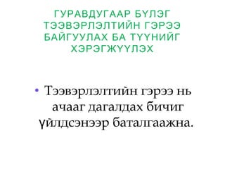 ГУРАВДУГААР БҮЛЭГ
ТЭЭВЭРЛЭЛТИЙН ГЭРЭЭ
БАЙГУУЛАХ БА ТҮҮНИЙГ
ХЭРЭГЖҮҮЛЭХ
• Тээвэрлэлтийн гэрээ нь
ачааг дагалдах бичиг
йлдсэнээр баталгаажна. ү
 