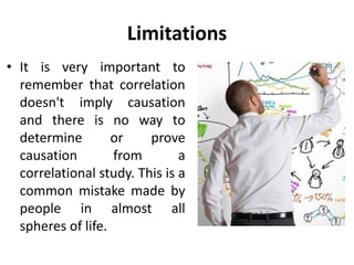 Limitations
• It is very important to
remember that correlation
doesn't imply causation
and there is no way to
determine or prove
causation from a
correlational study. This is a
common mistake made by
people in almost all
spheres of life.
 