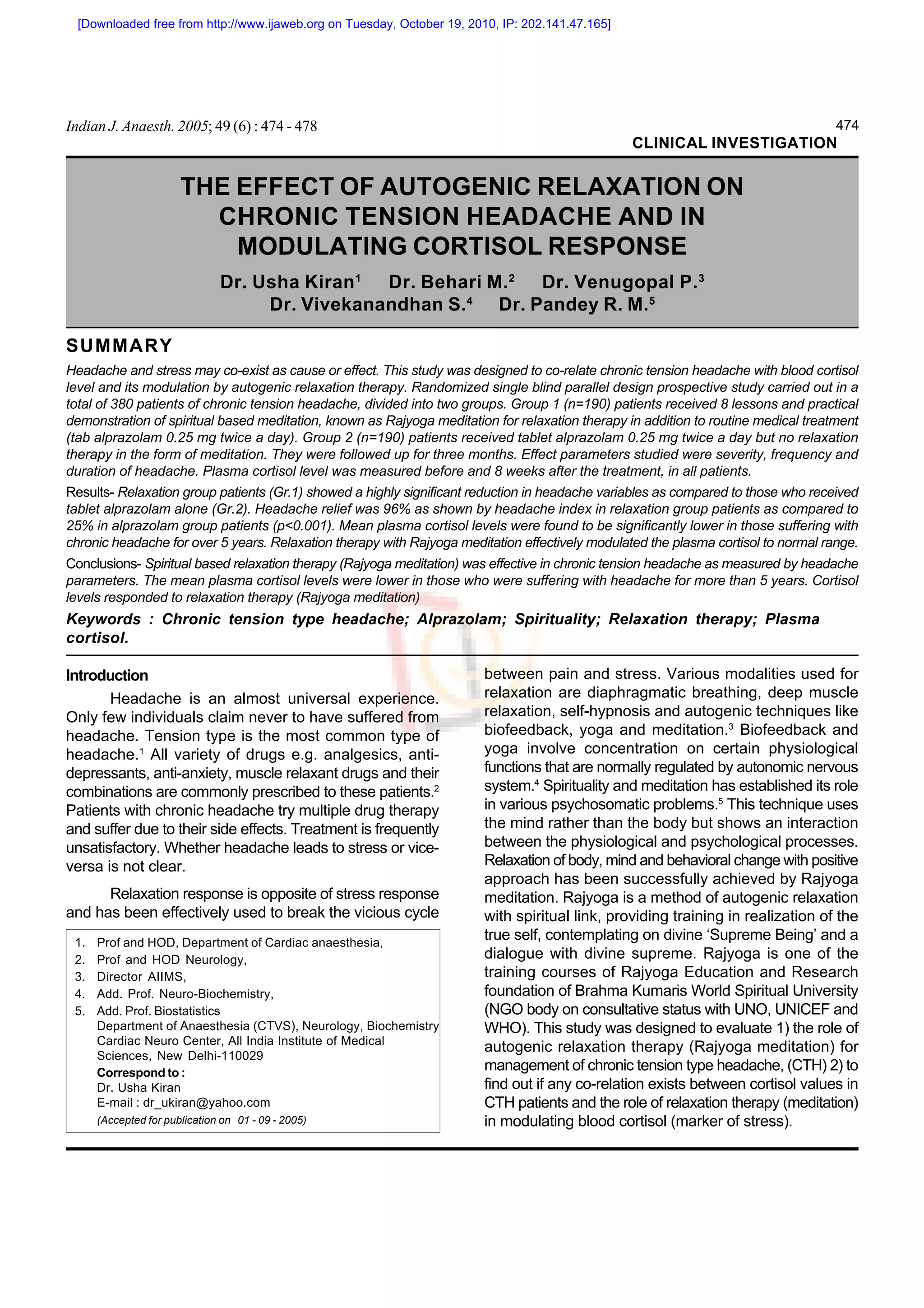 The Effect of Autogenic Relaxation on Chronic Tension Headache and in ...