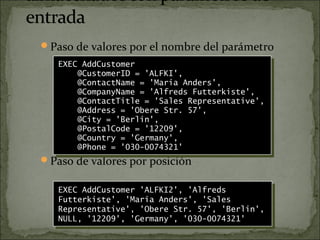 Paso de valores por el nombre del parámetro
Paso de valores por posición
EXEC AddCustomer 'ALFKI2', 'Alfreds
Futterkiste', 'Maria Anders', 'Sales
Representative', 'Obere Str. 57', 'Berlin',
NULL, '12209', 'Germany', '030-0074321'
EXEC AddCustomer 'ALFKI2', 'Alfreds
Futterkiste', 'Maria Anders', 'Sales
Representative', 'Obere Str. 57', 'Berlin',
NULL, '12209', 'Germany', '030-0074321'
EXEC AddCustomer
@CustomerID = 'ALFKI',
@ContactName = 'Maria Anders',
@CompanyName = 'Alfreds Futterkiste',
@ContactTitle = 'Sales Representative',
@Address = 'Obere Str. 57',
@City = 'Berlin',
@PostalCode = '12209',
@Country = 'Germany',
@Phone = '030-0074321'
EXEC AddCustomer
@CustomerID = 'ALFKI',
@ContactName = 'Maria Anders',
@CompanyName = 'Alfreds Futterkiste',
@ContactTitle = 'Sales Representative',
@Address = 'Obere Str. 57',
@City = 'Berlin',
@PostalCode = '12209',
@Country = 'Germany',
@Phone = '030-0074321'
 