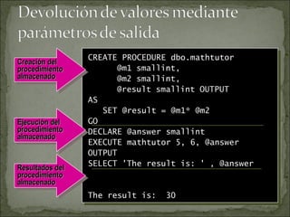 CREATE PROCEDURE dbo.mathtutor
@m1 smallint,
@m2 smallint,
@result smallint OUTPUT
AS
SET @result = @m1* @m2
GO
DECLARE @answer smallint
EXECUTE mathtutor 5, 6, @answer
OUTPUT
SELECT 'The result is: ' , @answer
The result is: 30
CREATE PROCEDURE dbo.mathtutor
@m1 smallint,
@m2 smallint,
@result smallint OUTPUT
AS
SET @result = @m1* @m2
GO
DECLARE @answer smallint
EXECUTE mathtutor 5, 6, @answer
OUTPUT
SELECT 'The result is: ' , @answer
The result is: 30
Resultados delResultados del
procedimientoprocedimiento
almacenadoalmacenado
Resultados delResultados del
procedimientoprocedimiento
almacenadoalmacenado
Ejecución delEjecución del
procedimientoprocedimiento
almacenadoalmacenado
Ejecución delEjecución del
procedimientoprocedimiento
almacenadoalmacenado
Creación delCreación del
procedimientoprocedimiento
almacenadoalmacenado
Creación delCreación del
procedimientoprocedimiento
almacenadoalmacenado
 