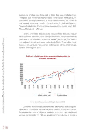 TransformaçãonoMundoRural:doAtendimentoPontualàEstratégiaCompartilhada
218
quando se analisa esse tema sob a ótica das suas múltiplas inter-
-relações, das mudanças tecnológicas e inovações, instituições, in-
vestimento em capital humano e físico e crescimento, etc. Entre os
que se dedicam a esse desafio, o lema é a citação de Paul Krugman:
“a produtividade não é tudo, mas no longo prazo é quase tudo” (BO-
NELLI, PESSOA e FONTES).
Porém, a reversão desse quadro não acontece do nada. Requer
taxas positivas de acumulação de capital humano, fixo (investimentos)
por trabalhador, mudança de patamar tecnológico, inovações, melho-
rias na logística e infraestrutura, redução do Custo Brasil, além de al-
terações em variáveis institucionais (sistemas de ciência e tecnologia,
centros tecnológicos etc.).
Gráfico 3 – Salários médios e produtividade média do
trabalho na indústria
Fonte: Bonelli, Pessoa e Matos. Civilização Brasileira (2013)
Conforme mencionado anteriormente, a tendência de baixa parti-
cipação da indústria de transformação no PIB não ocorre só no Brasil.
Em economias desenvolvidas ou maduras é comum o setor industrial
ver sua participação no PIB ser gradativamente reduzida e chega a
 