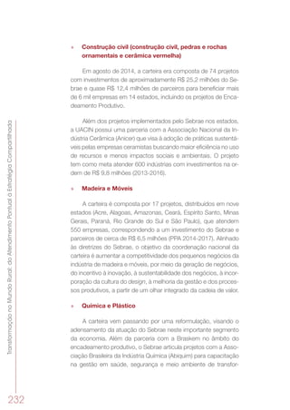 TransformaçãonoMundoRural:doAtendimentoPontualàEstratégiaCompartilhada
232
»» Construção civil (construção civil, pedras e rochas
ornamentais e cerâmica vermelha)
Em agosto de 2014, a carteira era composta de 74 projetos
com investimentos de aproximadamente R$ 25,2 milhões do Se-
brae e quase R$ 12,4 milhões de parceiros para beneficiar mais
de 6 mil empresas em 14 estados, incluindo os projetos de Enca-
deamento Produtivo.
Além dos projetos implementados pelo Sebrae nos estados,
a UACIN possui uma parceria com a Associação Nacional da In-
dústria Cerâmica (Anicer) que visa à adoção de práticas sustentá-
veis pelas empresas ceramistas buscando maior eficiência no uso
de recursos e menos impactos sociais e ambientais. O projeto
tem como meta atender 600 indústrias com investimentos na or-
dem de R$ 9,8 milhões (2013-2016).
»» Madeira e Móveis
A carteira é composta por 17 projetos, distribuídos em nove
estados (Acre, Alagoas, Amazonas, Ceará, Espírito Santo, Minas
Gerais, Paraná, Rio Grande do Sul e São Paulo), que atendem
550 empresas, correspondendo a um investimento do Sebrae e
parceiros de cerca de R$ 6,5 milhões (PPA 2014-2017). Alinhado
às diretrizes do Sebrae, o objetivo da coordenação nacional da
carteira é aumentar a competitividade dos pequenos negócios da
indústria de madeira e móveis, por meio da geração de negócios,
do incentivo à inovação, à sustentabilidade dos negócios, à incor-
poração da cultura do design, à melhoria da gestão e dos proces-
sos produtivos, a partir de um olhar integrado da cadeia de valor.
»» Química e Plástico
A carteira vem passando por uma reformulação, visando o
adensamento da atuação do Sebrae neste importante segmento
da economia. Além da parceria com a Braskem no âmbito do
encadeamento produtivo, o Sebrae articula projetos com a Asso-
ciação Brasileira da Indústria Química (Abiquim) para capacitação
na gestão em saúde, segurança e meio ambiente de transfor-
 