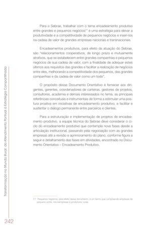 TransformaçãonoMundoRural:doAtendimentoPontualàEstratégiaCompartilhada
242
Para o Sebrae, trabalhar com o tema encadeamento produtivo
entre grandes e pequenos negócios77
é uma estratégia para elevar a
produtividade e a competitividade de pequenos negócios e inseri-los
na cadeia de valor de grandes empresas nacionais e transnacionais.
Encadeamentos produtivos, para efeito da atuação do Sebrae,
são “relacionamentos cooperativos, de longo prazo e mutuamente
atrativos, que se estabelecem entre grandes companhias e pequenos
negócios de sua cadeia de valor, com a finalidade de adequar estes
últimos aos requisitos das grandes e facilitar a realização de negócios
entre eles, melhorando a competitividade dos pequenos, das grandes
companhias e da cadeia de valor como um todo”.
O propósito desse Documento Orientativo é fornecer aos diri-
gentes, gerentes, coordenadores de carteiras, gestores de projetos,
consultores, academia e demais interessados no tema, as principais
referências conceituais e instrumentais de forma a estimular uma pos-
tura proativa em iniciativas de encadeamento produtivo, e facilitar e
sustentar o diálogo permanente entre parceiros e clientes.
Para a estruturação e implementação de projetos de encadea-
mento produtivo, a equipe técnica do Sebrae deve considerar o ci-
clo do encadeamento produtivo que contempla nove fases desde a
articulação institucional, passando pela negociação com as grandes
empresas até a revisão e aprimoramento do plano, conforme figura a
seguir e detalhamento das fases em atividades, encontrado no Docu-
mento Orientativo – Encadeamento Produtivo.
77	 Pequenos negócios, para efeito desse documento, é um termo que compreende empresas de
pequeno porte, microempresas e produtores rurais.
 
