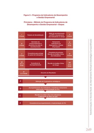 TransformaçãonoMundoRural:doAtendimentoPontualàEstratégiaCompartilhada
249
Figura 5 – Programa de Indicadores de Desempenho
e Gestão Empresarial
Princípios – Método do Programa de Indicadores de
Desempenho e Gestão Empresarial – Etapas
Acompanhamento dos indicadores, consultoria e treinamento
(elaboração e implementação do P.A.)
Reunião de análise crítica dos indicadores
e elaboração do Plano de Ação
Consultoria de acompanhamento e implementação do P.A.
P
D
C
A
I
3 horas
Palestra de Sensibilização
Seminário de
comprometimento e
devolutiva da visita de
reconhecimento
Consultoria para entrega
do painel de indicadores
Consultoria de
Acompanhamento
Consultoria da primeira
Reunião de Análise Crítica
dos Indicadores
Reunião de Análise Crítica
em Grupo
Encontro de Resultados
Definição de 5 indicadores estratégicos
Treinamento
Indicadores de
Desempenho e Gestão
Empresarial
Visita de reconhecimento
da MPE e levantamento
dos indicadores no tempo
III
4 horas
V
2 horas
VII
24 x 4
horas
II
4 horas
VI
4 horas
IV
4 x 4
horas
VIII
4 x 4
horas
IX
4 x 4 horas
 
