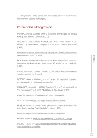 Prefácio
29
Os próximos anos serão profundamente profícuos no enfrenta-
mento desse desafio estratégico.
Referências bibliográficas
CUNHA, Antônio Geraldo (2007): Dicionário Etimológico da Língua
Portuguesa. Editora Lexinton. (2007).
PESSANHA, José Américo Motta (1979): Platão – Vida e Obra, in Co-
letânea “Os Pensadores”, páginas 6 a 23. Abril Cultural. São Paulo
(1979)
edmarciuscarvalho.blogspot.com.br/2011/12/sobre-relacao-ente-
-teoria-e-pratica-na_04.html.
PESSANHA, José Américo Motta (1978): Aristóteles – Vida e Obra, in
Coletânea “Os Pensadores”, páginas 6 a 23. Abril Cultural. São Paulo
(1978).
edmarciuscarvalho.blogspot.com.br/2011/12/sobre-relacao-ente-
-teoria-e-pratica-na_04.html.
GOETHE, Johann Wolfgang von – in www.citador.pt/textos/teorias.
precipitadas-johan-wolfgang-von-goethe.
GIANNOTTI, José Arthur (1978): Comte – Vida e Obra, in Coletânea
“Os Pensadores”, p. 6 a 28. Abril Cultural. São Paulo, (1978).
www.citador.pt/textos/teoria-e-pratica-auguste-comte.
GIDE, André – in www.citador.pt/frases/citacoes/t/teoria.
PESSOA, Fernando (1926): Teoria e Prática, in “Palavras Iniciais – Re-
vista de Comércio e Contabilidade”. Lisboa (1926).
www.citador.pt/textos/teoria-e-pratica-fernando-pessoa
FREIRE, Paulo, in www.pensador.uol.com.br/frases/ODUzNzg1
FREIRE, Paulo, in www.refletirpararefletir.com.br/frases/educacao-
-nao-transforma-o-mundo.
 