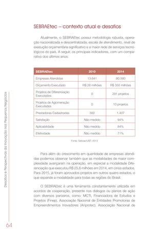 DesafiosePerspectivasdaInovaçãonosPequenosNegócios
64
SEBRAEtec – contexto atual e desafios
Atualmente, o SEBRAEtec possui metodologia robusta, opera-
ção nacionalizada e descentralizada, escala de atendimento, nível de
execução orçamentária significativo e a maior rede de serviços tecno-
lógicos do país. A seguir, os principais indicadores, com um compa-
rativo dos últimos anos:
SEBRAEtec 2010 2014
Empresas Atendidas 13.641 80.000
Orçamento Executado R$ 26 milhões R$ 350 milhões
Projetos de Diferenciação
Executados
0 291 projetos
Projetos de Aglomeração
Executados
0 10 projetos
Prestadoras Cadastradas 300 1.407
Satisfação Não medido 94%
Aplicabilidade Não medido 84%
Efetividade Não medido 71%
Fonte: Sebrae/UAIT, 2013
Para além do crescimento em quantidade de empresas atendi-
das podemos observar também que as modalidades de maior com-
plexidade avançaram na operação, em especial a modalidade Dife-
renciação que executou R$ 25,6 milhões em 2014, em cinco estados.
Para 2015, já foram aprovados projetos em outros quatro estados, o
que expande a modalidade para todas as regiões do Brasil.
O SEBRAEtec é uma ferramenta constantemente utilizada em
acordos de cooperação, presente nos diálogos ou planos de ação
com diversos parceiros, como: MCTI, Financiadora de Estudos e
Projetos (Finep), Associação Nacional de Entidades Promotoras de
Empreendimentos Inovadores (Anprotec), Associação Nacional de
 