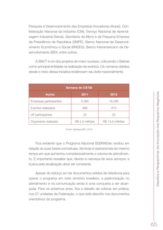 DesafiosePerspectivasdaInovaçãonosPequenosNegócios
65
Pesquisa e Desenvolvimento das Empresas Inovadoras (Anpei), Con-
federação Nacional da Indústria (CNI), Serviço Nacional de Aprendi-
zagem Industrial (Senai), Secretaria da Micro e da Pequena Empresa
da Presidência da República (SMPE), Banco Nacional de Desenvol-
vimento Econômico e Social (BNDES), Banco Interamericano de De-
senvolvimento (BID), entre outros.
A SNCT é um dos projetos de maior sucesso, colocando o Sebrae
como principal entidade na realização de eventos. Os números obtidos
desde o início dessa iniciativa evidenciam seu êxito nacionalmente.
Semana de C&T&I
Ações 2011 2013
Empresas participantes 5.390 16.280
Eventos realizados 368 813
UF participantes 23 25
Orçamento realizado R$ 4,3 milhões R$ 14,5 milhões
Fonte: Sebrae/UAIT, 2013
Fica evidente que o Programa Nacional SEBRAEtec evoluiu em
relação as suas bases conceituais, técnicas e operacionais ao mesmo
tempo em que aumentou consideravelmente o volume de atendimen-
to. É importante ressaltar que, devido à natureza de seus serviços, a
busca pela atualização deve ser constante.
Apesar do esforço em ter documentos sólidos de referência para
operar o programa em todo território brasileiro, a padronização no
atendimento e na comunicação ainda é uma conquista a ser alcan-
çada. Para os próximos anos, fica o desafio de colocar em prática,
nos 27 unidades da Federação, o que está descrito nos documentos
orientativos do programa.
 