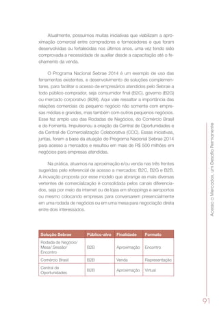 AcessoaMercados,umDesafioPermanente
91
Atualmente, possuimos muitas iniciativas que viabilizam a apro-
ximação comercial entre compradores e fornecedores e que foram
desenvolvidas ou fortalecidas nos últimos anos, uma vez tendo sido
comprovada a necessidade de auxiliar desde a capacitação até o fe-
chamento da venda.
O Programa Nacional Sebrae 2014 é um exemplo de uso das
ferramentas existentes, e desenvolvimento de soluções complemen-
tares, para facilitar o acesso de empresários atendidos pelo Sebrae a
todo público comprador, seja consumidor final (B2C), governo (B2G)
ou mercado corporativo (B2B). Aqui vale ressaltar a importância das
relações comerciais do pequeno negócio não somente com empre-
sas médias e grandes, mas também com outros pequenos negócios.
Esse fez amplo uso das Rodadas de Negócios, do Comércio Brasil
e do Fomenta. Impulsionou a criação da Central de Oportunidades e
da Central de Comercialização Colaborativa (CCC). Essas iniciativas,
juntas, foram a base da atuação do Programa Nacional Sebrae 2014
para acesso a mercados e resultou em mais de R$ 500 milhões em
negócios para empresas atendidas.
Na prática, atuamos na aproximação e/ou venda nas três frentes
sugeridas pelo referencial de acesso a mercados: B2C, B2G e B2B.
A inovação proposta por esse modelo que abrange as mais diversas
vertentes de comercialização é consolidada pelos canais diferencia-
dos, seja por meio da internet ou de lojas em shoppings e aeroportos
ou mesmo colocando empresas para conversarem presencialmente
em uma rodada de negócios ou em uma mesa para negociação direta
entre dois interessados.
Solução Sebrae Público-alvo Finalidade Formato
Rodada de Negócio/
Mesa/ Sessão/
Encontro
B2B Aproximação Encontro
Comércio Brasil B2B Venda Representação
Central de
Oportunidades
B2B Aproximação Virtual
 