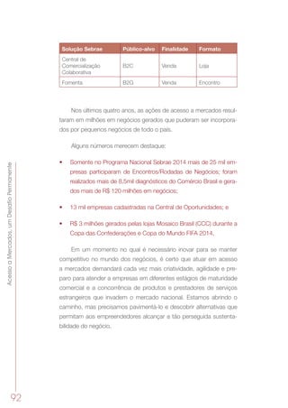 AcessoaMercados,umDesafioPermanente
92
Solução Sebrae Público-alvo Finalidade Formato
Central de
Comercialização
Colaborativa
B2C Venda Loja
Fomenta B2G Venda Encontro
Nos últimos quatro anos, as ações de acesso a mercados resul-
taram em milhões em negócios gerados que puderam ser incorpora-
dos por pequenos negócios de todo o país.
Alguns números merecem destaque:
•	 Somente no Programa Nacional Sebrae 2014 mais de 25 mil em-
presas participaram de Encontros/Rodadas de Negócios; foram
realizados mais de 8,5mil diagnósticos do Comércio Brasil e gera-
dos mais de R$ 120 milhões em negócios;
•	 13 mil empresas cadastradas na Central de Oportunidades; e
•	 R$ 3 milhões gerados pelas lojas Mosaico Brasil (CCC) durante a
Copa das Confederações e Copa do Mundo FIFA 2014.
Em um momento no qual é necessário inovar para se manter
competitivo no mundo dos negócios, é certo que atuar em acesso
a mercados demandará cada vez mais criatividade, agilidade e pre-
paro para atender a empresas em diferentes estágios de maturidade
comercial e a concorrência de produtos e prestadores de serviços
estrangeiros que invadem o mercado nacional. Estamos abrindo o
caminho, mas precisamos pavimentá-lo e descobrir alternativas que
permitam aos empreendedores alcançar a tão perseguida sustenta-
bilidade do negócio.
 