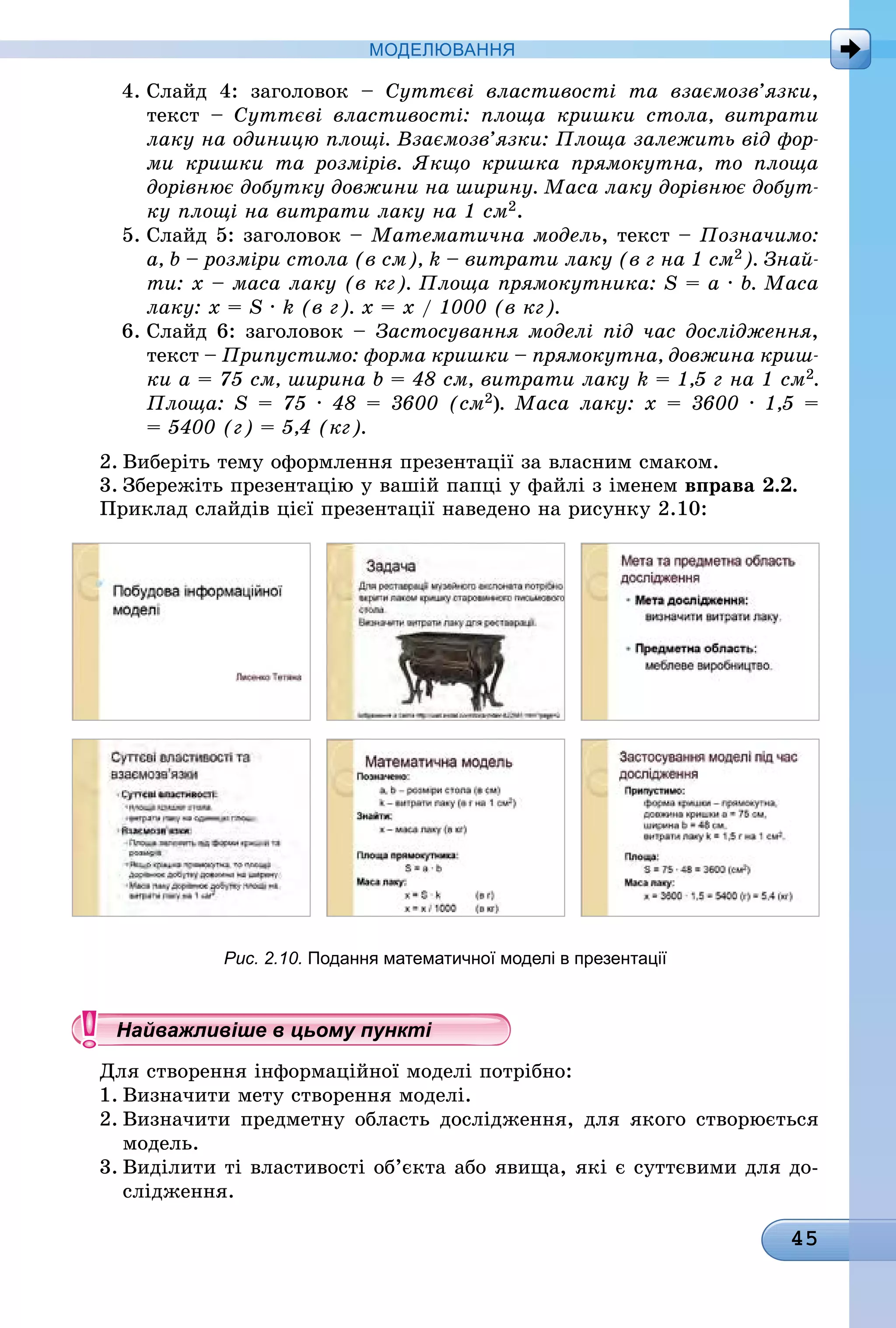 45
МоДЕлЮвання
4. Слайд 4: заголовок – Суттєві властивості та взаємозв’язки,
текст – Суттєві властивості: площа кришки стола, витрати
лаку на одиницю площі. Взаємозв’язки: Площа залежить від фор-
ми кришки та розмірів. Якщо кришка прямокутна, то площа
дорівнює добутку довжини на ширину. Маса лаку дорівнює добут-
ку площі на витрати лаку на 1 см2.
5. Слайд 5: заголовок – Математична модель, текст – Позначимо:
a, b – розміри стола (в см), k – витрати лаку (в г на 1 см2). Знай-
ти: х – маса лаку (в кг). Площа прямокутника: S = a · b. Маса
лаку: x = S · k (в г). х = х / 1000 (в кг).
6. Слайд 6: заголовок – Застосування моделі під час дослідження,
текст – Припустимо: форма кришки – прямокутна, довжина криш-
ки а = 75 см, ширина b = 48 см, витрати лаку k = 1,5 г на 1 см2.
Площа: S = 75 · 48 = 3600 (см2). Маса лаку: х = 3600 · 1,5 =
= 5400 (г) = 5,4 (кг).
2. Виберіть тему оформлення презентації за власним смаком.
3. Збережіть презентацію у вашій папці у файлі з іменем вправа 2.2.
Приклад слайдів цієї презентації наведено на рисунку 2.10:
Рис. 2.10. Подання математичної моделі в презентації
Найважливіше в цьому пункті
Для створення інформаційної моделі потрібно:
1. Визначити мету створення моделі.
2. Визначити предметну область дослідження, для якого створюється
ìîäåëü.
3. Виділити ті властивості об’єкта або явища, які є суттєвими для до-
слідження.
Найважливіше в цьому пунктіНайважливіше в цьому пунктіНайважливіше в цьому пунктіНайважливіше в цьому пунктіНайважливіше в цьому пунктіНайважливіше в цьому пунктіНайважливіше в цьому пунктіНайважливіше в цьому пунктіНайважливіше в цьому пунктіНайважливіше в цьому пунктіНайважливіше в цьому пунктіНайважливіше в цьому пунктіНайважливіше в цьому пунктіНайважливіше в цьому пунктіНайважливіше в цьому пунктіНайважливіше в цьому пунктіНайважливіше в цьому пунктіНайважливіше в цьому пунктіНайважливіше в цьому пунктіНайважливіше в цьому пунктіНайважливіше в цьому пунктіНайважливіше в цьому пунктіНайважливіше в цьому пунктіНайважливіше в цьому пунктіНайважливіше в цьому пунктіНайважливіше в цьому пунктіНайважливіше в цьому пунктіНайважливіше в цьому пунктіНайважливіше в цьому пунктіНайважливіше в цьому пунктіНайважливіше в цьому пунктіНайважливіше в цьому пунктіНайважливіше в цьому пунктіНайважливіше в цьому пунктіНайважливіше в цьому пунктіНайважливіше в цьому пунктіНайважливіше в цьому пунктіНайважливіше в цьому пунктіНайважливіше в цьому пунктіНайважливіше в цьому пунктіНайважливіше в цьому пунктіНайважливіше в цьому пунктіНайважливіше в цьому пунктіНайважливіше в цьому пунктіНайважливіше в цьому пунктіНайважливіше в цьому пунктіНайважливіше в цьому пунктіНайважливіше в цьому пунктіНайважливіше в цьому пунктіНайважливіше в цьому пунктіНайважливіше в цьому пунктіНайважливіше в цьому пунктіНайважливіше в цьому пунктіНайважливіше в цьому пунктіНайважливіше в цьому пунктіНайважливіше в цьому пунктіНайважливіше в цьому пунктіНайважливіше в цьому пунктіНайважливіше в цьому пунктіНайважливіше в цьому пунктіНайважливіше в цьому пунктіНайважливіше в цьому пунктіНайважливіше в цьому пунктіНайважливіше в цьому пунктіНайважливіше в цьому пунктіНайважливіше в цьому пунктіНайважливіше в цьому пунктіНайважливіше в цьому пунктіНайважливіше в цьому пунктіНайважливіше в цьому пунктіНайважливіше в цьому пунктіНайважливіше в цьому пунктіНайважливіше в цьому пунктіНайважливіше в цьому пунктіНайважливіше в цьому пунктіНайважливіше в цьому пунктіНайважливіше в цьому пунктіНайважливіше в цьому пунктіНайважливіше в цьому пунктіНайважливіше в цьому пунктіНайважливіше в цьому пункті
 
