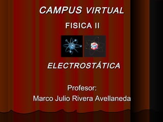 ELECTROSTÁTICAELECTROSTÁTICA
Profesor:Profesor:
Marco Julio Rivera AvellanedaMarco Julio Rivera Avellaneda
CAMPUSCAMPUS VIRTUALVIRTUAL
FISICA IIFISICA II
 