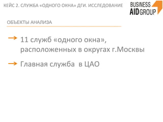  
ОБЪЕКТЫ АНАЛИЗА
	
  
11	
  служб	
  «одного	
  окна»,	
  
расположенных	
  в	
  округах	
  г.Москвы	
  
	
  
Главная	
  служба	
  	
  в	
  ЦАО	
  
	
  
	
  
КЕЙС	
  2.	
  СЛУЖБА	
  «ОДНОГО	
  ОКНА»	
  ДГИ.	
  ИССЛЕДОВАНИЕ	
  
	
  
 