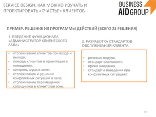 SERVICE	
  DESIGN:	
  КАК	
  МОЖНО	
  ИЗУЧАТЬ	
  И	
  
ПРОЕКТИРОВАТЬ	
  «СЧАСТЬЕ»	
  КЛИЕНТОВ	
  
34	
  
ПРИМЕР.	
  РЕШЕНИЕ	
  ИЗ	
  ПРОГРАММЫ	
  ДЕЙСТВИЙ	
  (ВСЕГО	
  23	
  РЕШЕНИЯ)	
  
•  отслеживание клиентов при входе и
выходе;
•  помощь клиентам в ориентации в
помещении;
•  контроль шума в зале;
•  отслеживание и решение
конфликтных ситуаций в зале;
•  отслеживание перемещений
сотрудников в клиентской зоне.
•  речевые модули,
•  стандарт вежливости,
•  время ожидания,
•  стандарты поведения при
конфликтных ситуациях
1. ВВЕДЕНИЕ ФУНКЦИОНАЛА
«АДМИНИСТРАТОР КЛИЕНТСКОГО
ЗАЛА»
2. РАЗРАБОТКА СТАНДАРТОВ
ОБСЛУЖИВАНИЯ КЛИЕНТА:
 