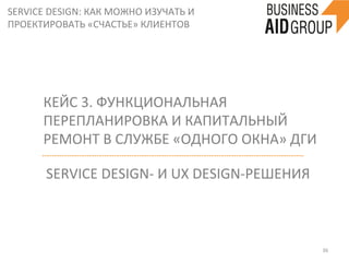 SERVICE	
  DESIGN:	
  КАК	
  МОЖНО	
  ИЗУЧАТЬ	
  И	
  
ПРОЕКТИРОВАТЬ	
  «СЧАСТЬЕ»	
  КЛИЕНТОВ	
  
36	
  
КЕЙС	
  3.	
  ФУНКЦИОНАЛЬНАЯ	
  
ПЕРЕПЛАНИРОВКА	
  И	
  КАПИТАЛЬНЫЙ	
  
РЕМОНТ	
  В	
  СЛУЖБЕ	
  «ОДНОГО	
  ОКНА»	
  ДГИ	
  
SERVICE	
  DESIGN-­‐	
  И	
  UX	
  DESIGN-­‐РЕШЕНИЯ	
  	
  
 