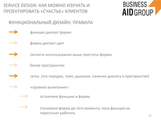SERVICE	
  DESIGN:	
  КАК	
  МОЖНО	
  ИЗУЧАТЬ	
  И	
  
ПРОЕКТИРОВАТЬ	
  «СЧАСТЬЕ»	
  КЛИЕНТОВ	
  
53	
  
функция	
  диктует	
  форме	
  
форма	
  диктует	
  цвет	
  
легкость	
  использования	
  выше	
  простоты	
  формы	
  
белое	
  пространство	
  
сетка	
  	
  (это	
  порядок,	
  темп,	
  дыхание,	
  наличие	
  диалога	
  в	
  пространстве)	
  
«правило	
  вычитания»:	
  
оставляем	
  функцию	
  и	
  форму	
  
стачиваем	
  форму	
  до	
  того	
  момента,	
  пока	
  функция	
  не	
  
перестанет	
  работать	
  
ФУНКЦИОНАЛЬНЫЙ	
  ДИЗАЙН:	
  ПРАВИЛА	
  
 