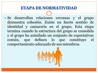  Se desarrollan relaciones cercanas y el grupo
demuestra cohesión. Existe un fuerte sentido de
identidad y camarería en el grupo. Esta etapa
termina cuando la estructura del grupo se consolida
y el grupo ha asimilado un conjunto de expectativas
común, que definen lo que constituye el
comportamiento adecuado de sus miembros.
 