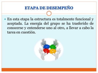  En esta etapa la estructura es totalmente funcional y
aceptada. La energía del grupo se ha trasferido de
conocerse y entenderse uno al otro, a llevar a cabo la
tarea en cuestión.
 