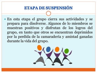  En esta etapa el grupo cierra sus actividades y se
prepara para disolverse. Algunos de lo miembros se
muestran positivos y disfrutan de los logros del
grupo, en tanto que otros se encuentran deprimidos
por la perdida de la camaradería y amistad ganadas
durante la vida del grupo.
 