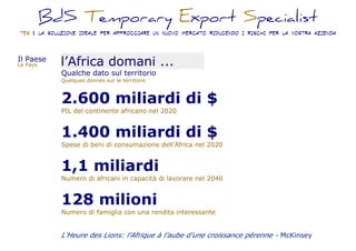 BdS Temporary Export Specialist
TES É LA SOLUZIONE IDEALE PER APPROCCIARe UN NUOVO MERCATO RIDUCENDO I RISCHI PER LA VOSTRA AZIENDA
Qualche dato sul territorio
Quelques donnés sur le térritoire
2.600 miliardi di $
PIL del continente africano nel 2020
1.400 miliardi di $
Spese di beni di consumazione dell’Africa nel 2020
1,1 miliardi
Numero di africani in capacità di lavorare nel 2040
128 milioni
Numero di famiglia con una rendita interessante
L’Heure des Lions: l’Afrique à l’aube d’une croissance pérenne - McKinsey
Il Paese
Le Pays l’Africa domani ...
 