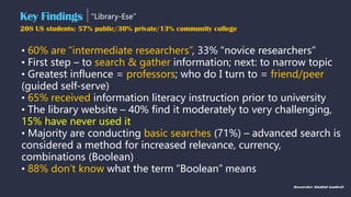 Key Findings “Library-Ese”
Researcher: Khalilah Gambrell
• 60% are “intermediate researchers”, 33% “novice researchers”
• First step – to search & gather information; next: to narrow topic
• Greatest influence = professors; who do I turn to = friend/peer
(guided self-serve)
• 65% received information literacy instruction prior to university
• The library website – 40% find it moderately to very challenging,
15% have never used it
• Majority are conducting basic searches (71%) – advanced search is
considered a method for increased relevance, currency,
combinations (Boolean)
• 88% don’t know what the term “Boolean” means
208 US students: 57% public/30% private/13% community college
 
