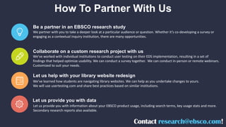 How To Partner With Us
Be a partner in an EBSCO research study
We partner with you to take a deeper look at a particular audience or question. Whether it’s co-developing a survey or
engaging as a contextual inquiry institution, there are many opportunities.
Collaborate on a custom research project with us
We’ve worked with individual institutions to conduct user testing on their EDS implementation, resulting in a set of
findings that helped optimize usability. We can conduct a survey together. We can conduct in-person or remote webinars.
Customized to suit your needs.
Let us help with your library website redesign
We’ve learned how students are navigating library websites. We can help as you undertake changes to yours.
We will use usertesting.com and share best practices based on similar institutions.
Let us provide you with data
Let us provide you with information about your EBSCO product usage, including search terms, key usage stats and more.
Secondary research reports also available.
Contact research@ebsco.com!
 