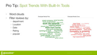 Confidential and Proprietary © Glassdoor, Inc. 2016
Pro Tip: Spot Trends With Built-In Tools
•  Word clouds
•  Filter revi...
